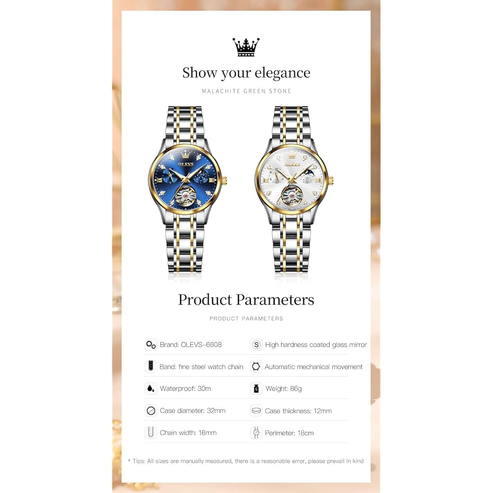 OLEVS Ladies Automatic Mechanical Watch Waterproof Luminous Diamond Blue Ladies Watch