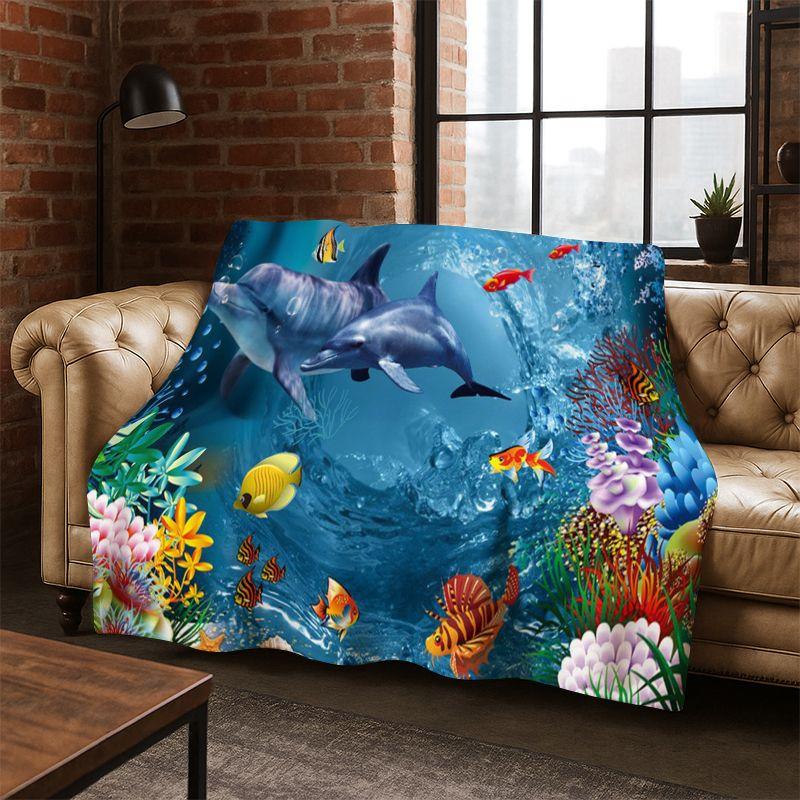 3D Illusion Underwater World Marine Life Shark Dolphin Cartoon Flannel Blanket Throw Blanket for Bedroom Living Room Bed Travel