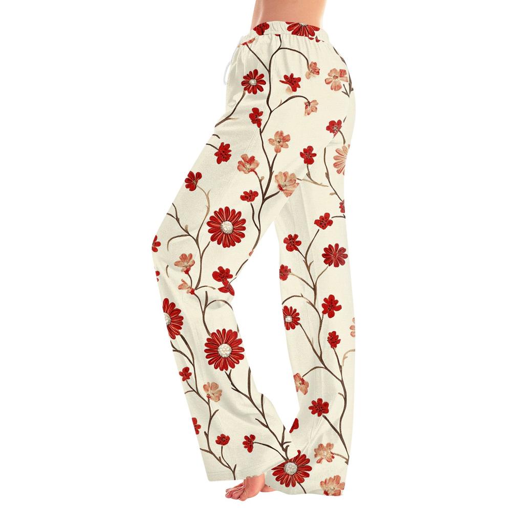 Womens Pajama Pants Sleepwear Casual Drawstring Elastic Waist Pants Comfy Straight Yoga Loose Trousers