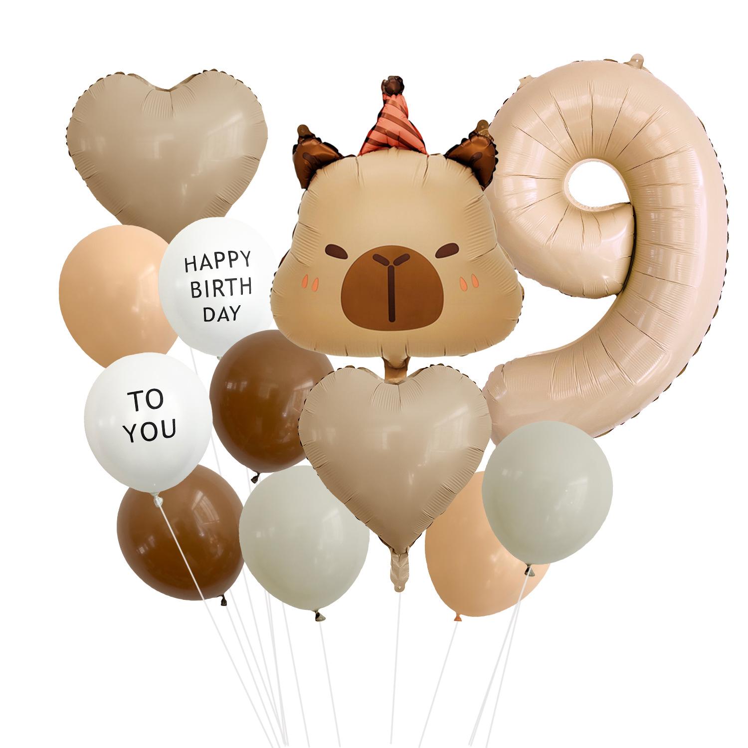 

Brown Cartoon Birthday Hat Bear Aluminum Film Balloon Kapibara Themed Birthday Party Decoration Balloon Cover Number 9