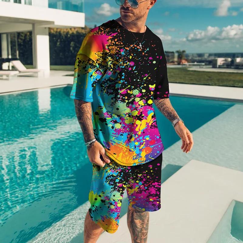 

Summer Men Outfits Color 3D Printed Sport Short Sleeve Suits Hip Hop Casual 2 Piece T Shirt+Shorts Fashion Male Tracksuit Set 6XL