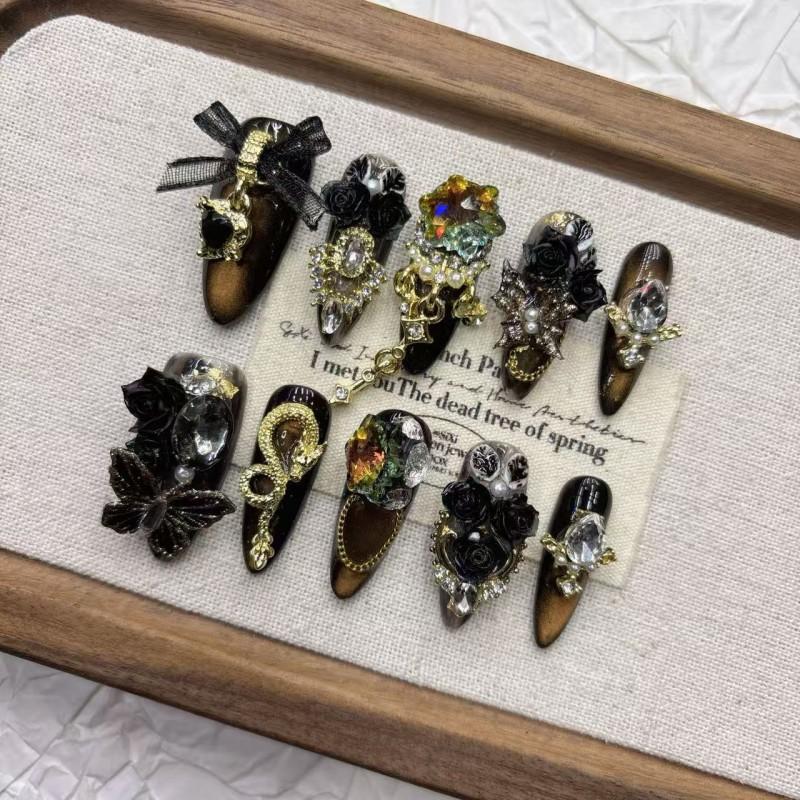 Handmade 3D Dark Butterfly Press-On Nails Medium Length Acrylic Tips Women Teens Stylish Wearable Nail Art Large