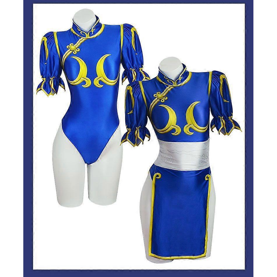 Street Fighte Chun-Li Cosplay Costumes Bule Swimsuit Cheongsam Party Fancy Dress for Womens