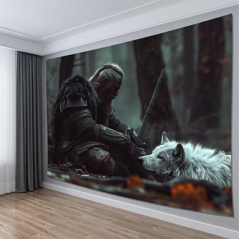2D Norse Mythology Warrior & Wolf Tapestry Dark Fantasy Art Wall Decor Cloth for Home & Bedroom
