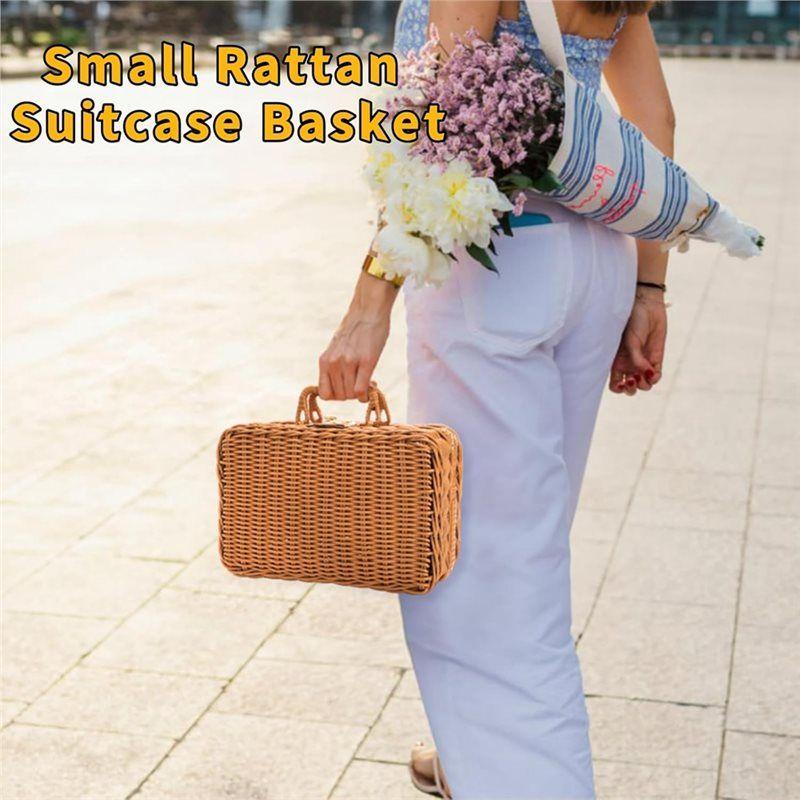 Wicker Picnic Basket, Vintage Decorative Prop Suitcase Storage Hamper Makeup Organizer,Metal Lock Plastic Rattan