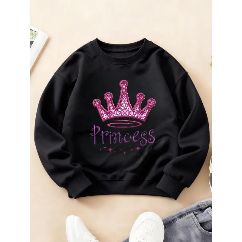 Kids Crewneck Long Sleeve Sweatshirt, Pink Crown Princess Print 110