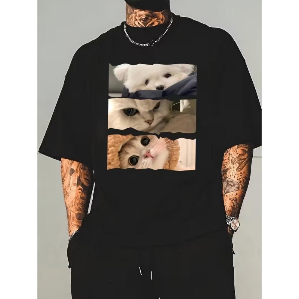 Cute Cat Dog Collage Print T-Shirt Unisex Oversized Crew Neck Top Soft Streetwear Aesthetic Shirt for Daily Outfits