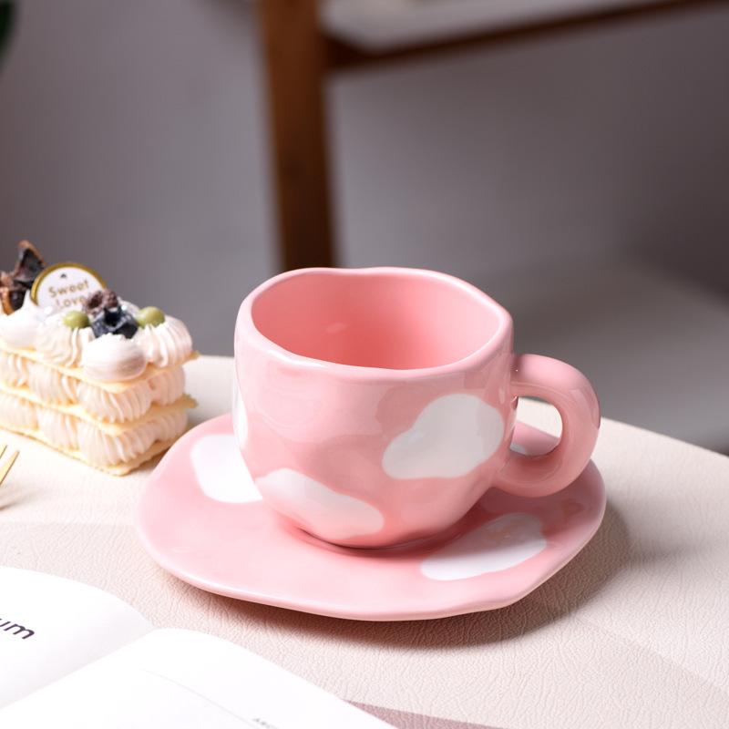 Creative Hand-painted White Cloud Coffee Cup Saucer Small Fresh Underglaze Colored Hand Pinch Irregular Cloud Ceramic Cup Saucer Set