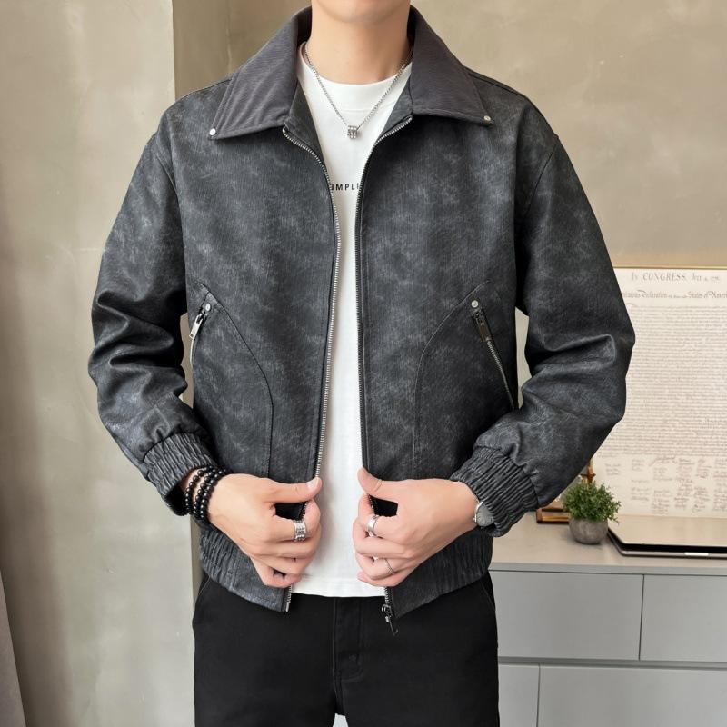 

Кожаная куртка Мужское пальто Американский ретро Коричневый Крутой Короткий топ L чёрный