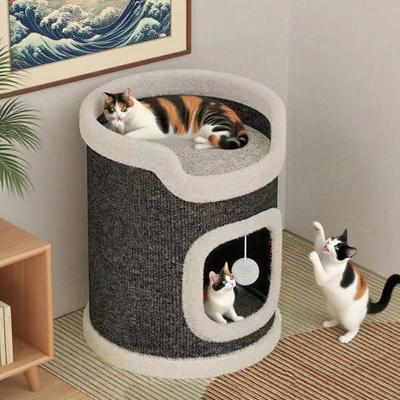 Yousheng Cat Climbing Tower Cat Scratching Barrel with 3 Cat Caves Sisal Scratching Pad Multi-tier Cat Play Tower for Multi-cat Family
