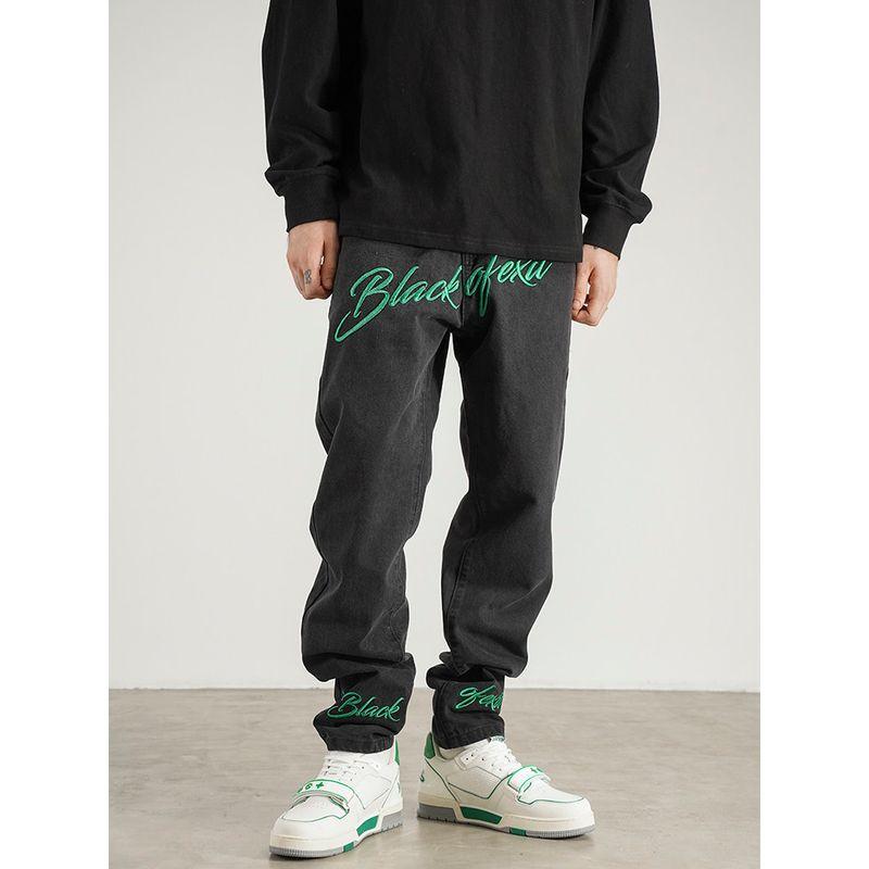 Black of Exit American Street Retro Embroidered Fitted Skinny Jeans for Men and Women Hip-Hop Slimming Long Pants