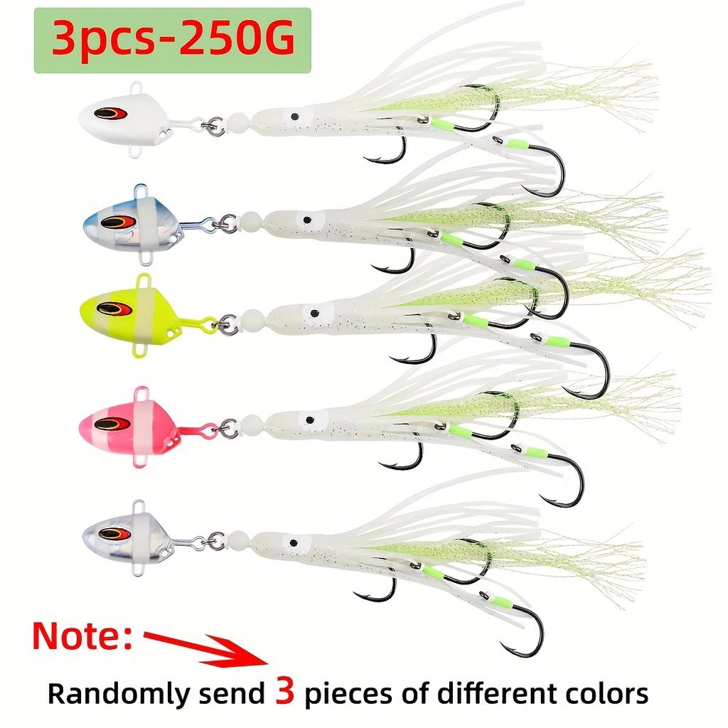 3pcs 100-300g Glow Slow Pitch Jigging Lure Squid Skirt 3 Hooks Saltwater Fishing Bass Trout Catfish Offshore Deep Sea Luminous