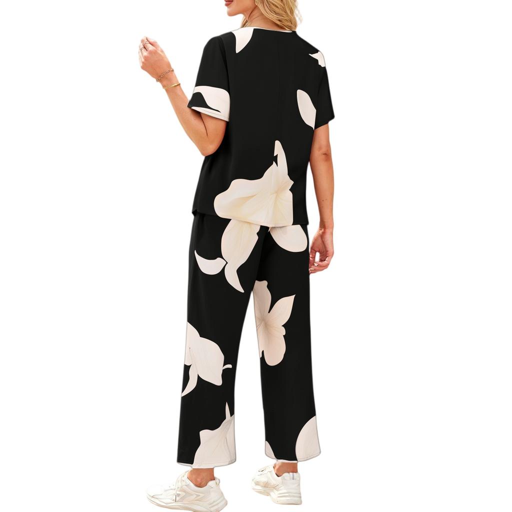 Women's Casual Vacation V-Neck Sleeve Top And Trousers Fashion Print Two Piece Set