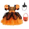 Kinder Halloween Kostüme Mädchen Hexe Cosplay Kostüm Mädchen Puffärmel Colorblock Prinzessinnenkleid Freizeitkleid+Kürbistasche