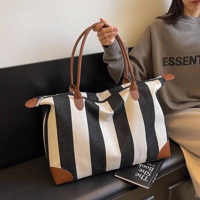 Canvas Travel Bag, Striped Fitness, New Fashion, Large Capacity, Durable, Light Shoulder, Portable Messenger Bag, Trendy Bag.