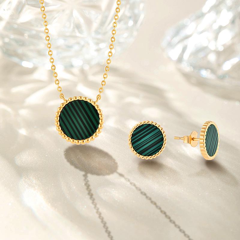 Sterling Silver Malachite Necklace & Earring Set - Luxurious Round Design for Women