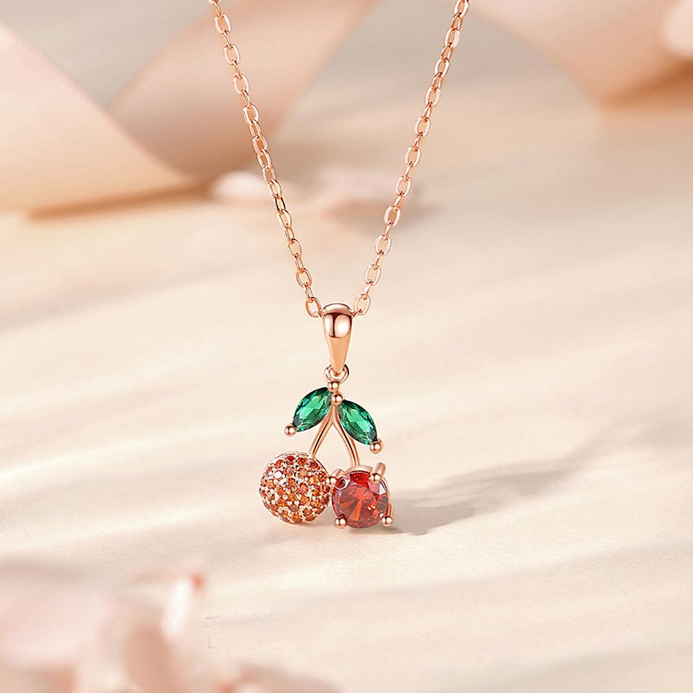 Colorful Zircon Cherry Pendant Necklaces For Women And Girls Stainless Steel Fashion Romantic Jewelry Accessories Gifts