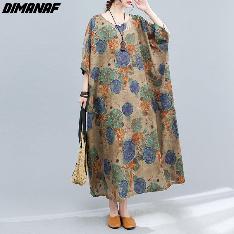 Dimanaf Plus Size Women 2023 New Summer Style Dress Short Sleeve O-Neck Floral Loose Dress Linen Basic Dresses