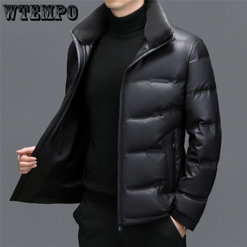 Pánská zimní kožená péřová bunda středního věku Zesílená teplá pánská kožená bunda z ovčí kůže Pánská ležérní bunda