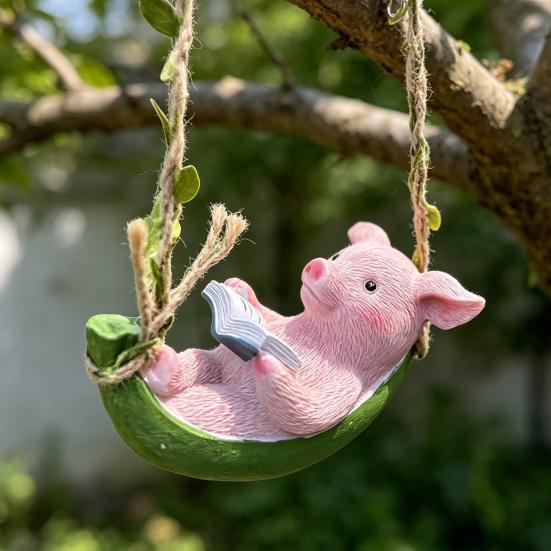 Hanging Resin Pig Figurine Cute Piggy Lying in Hammock Reading Book Hanging Animal