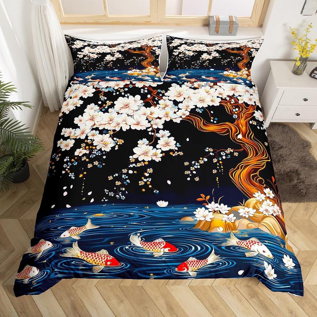 Comforter Koi Fish Full Queen Japanese Cherry Blossom Tree Bedding Set Marine Sealife Comforter For Kids Teen Room Decor