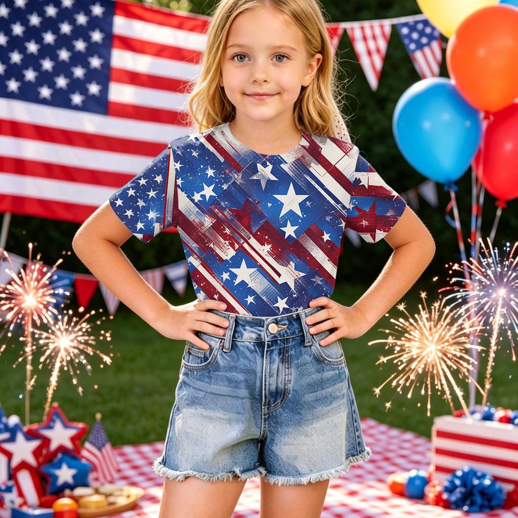 Girls Short Sleeve T Shirt Floral Print Lightweight Casual Tee Top Comfortable Fit Soft Fabric