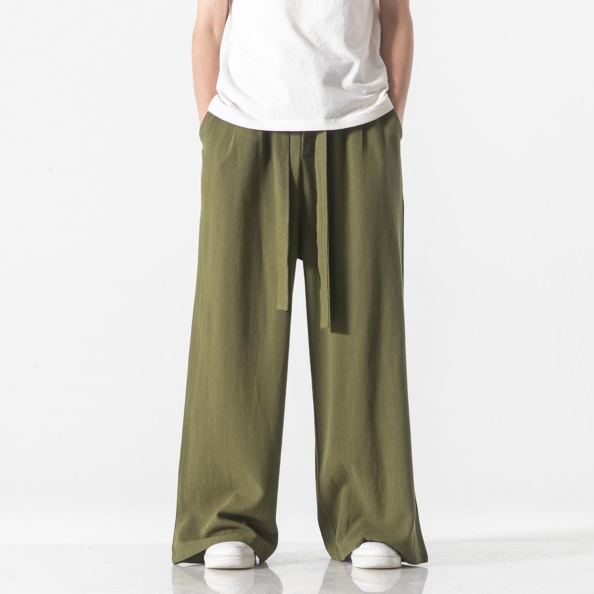 

Мужские брюки из хлопка и льна в китайском стиле с широкими штанинами 2022 L зелёный