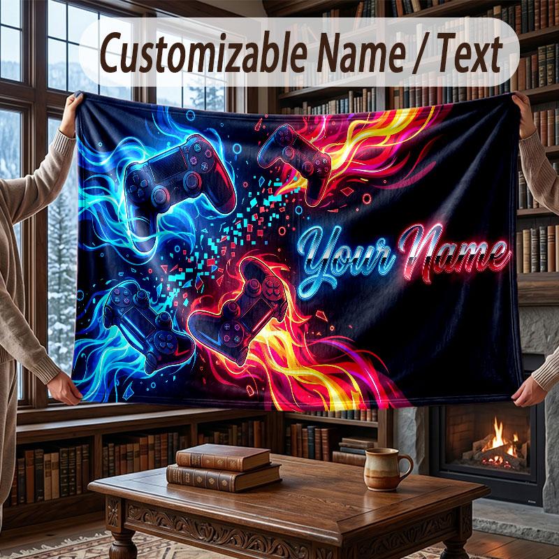 Game Controller Theme Throw Blanket Custom Name Text Personalized Blanket Soft Cozy Blanket for Home Sofa Bed