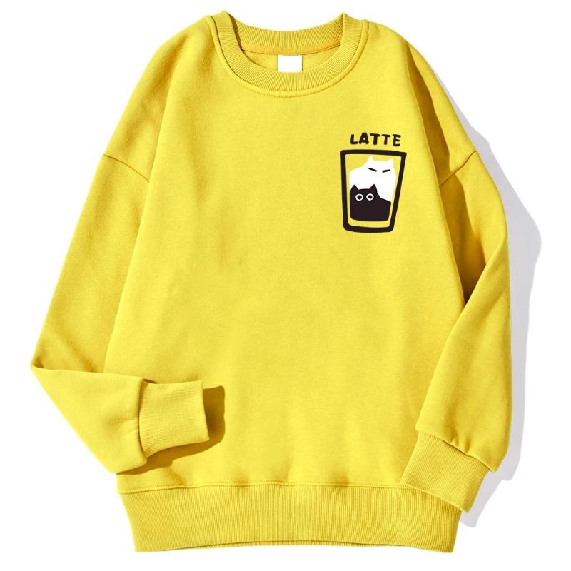 Cat Latte Cartoon Design Men Sweatshirt Fashion Casual Hooded Vintage Loose Hoodies Korean Fleece Clothing Pullovers & Long Sleeves Men’s