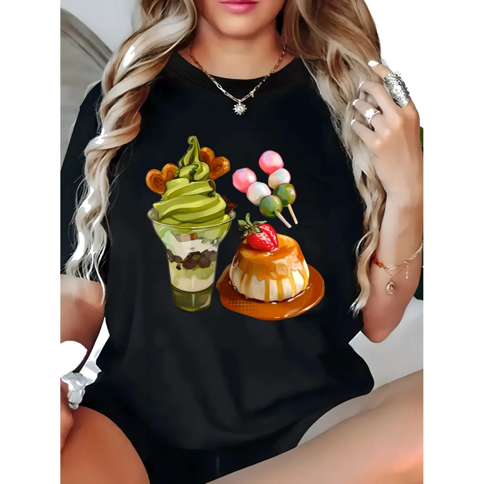 

Cartoon dessert print short-sleeved T-shirt casual and versatile style suitable for daily wear and going out in summer XXXXXL чорний