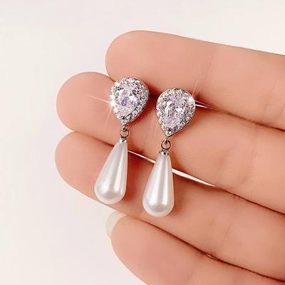 Classical Women's Long Water Drop Pearl Earrings 1 Pair Silver Color Earrings Sterling Pearl Bridal