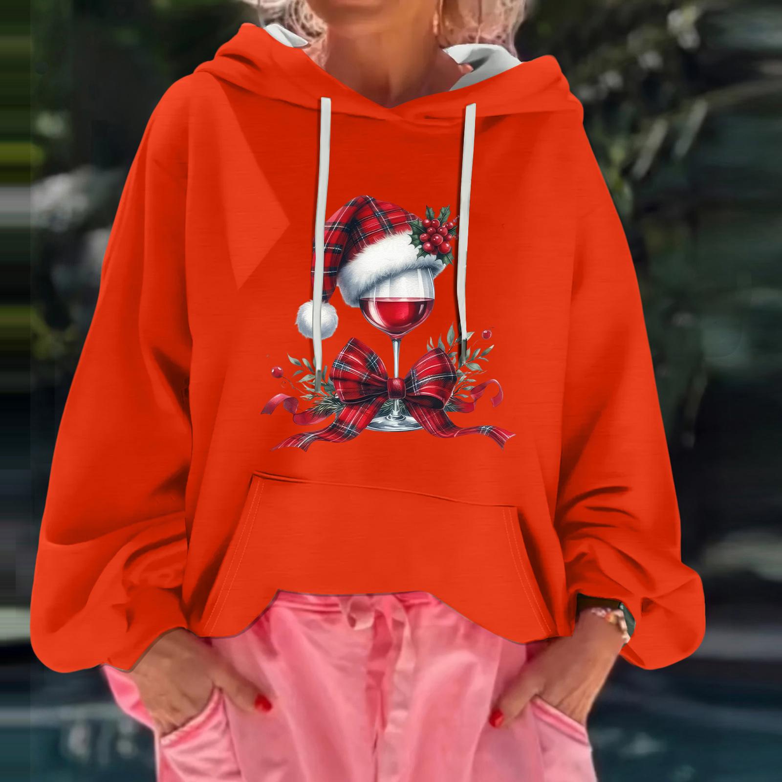 

Женский рождественский принт, свободный повседневный худи с длинным рукавом и капюшоном XL киноварь