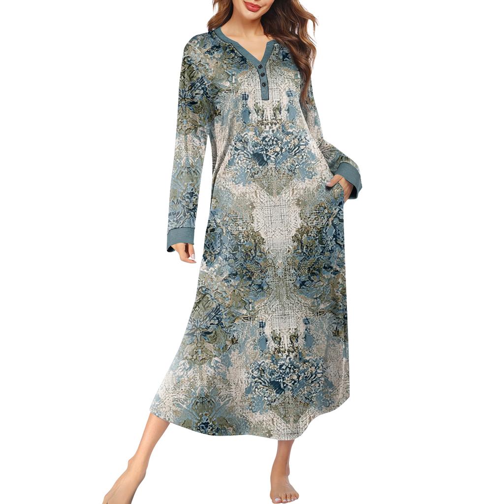 Women's Nightgown Long Loungewear V-neck Nightdress With Pockets