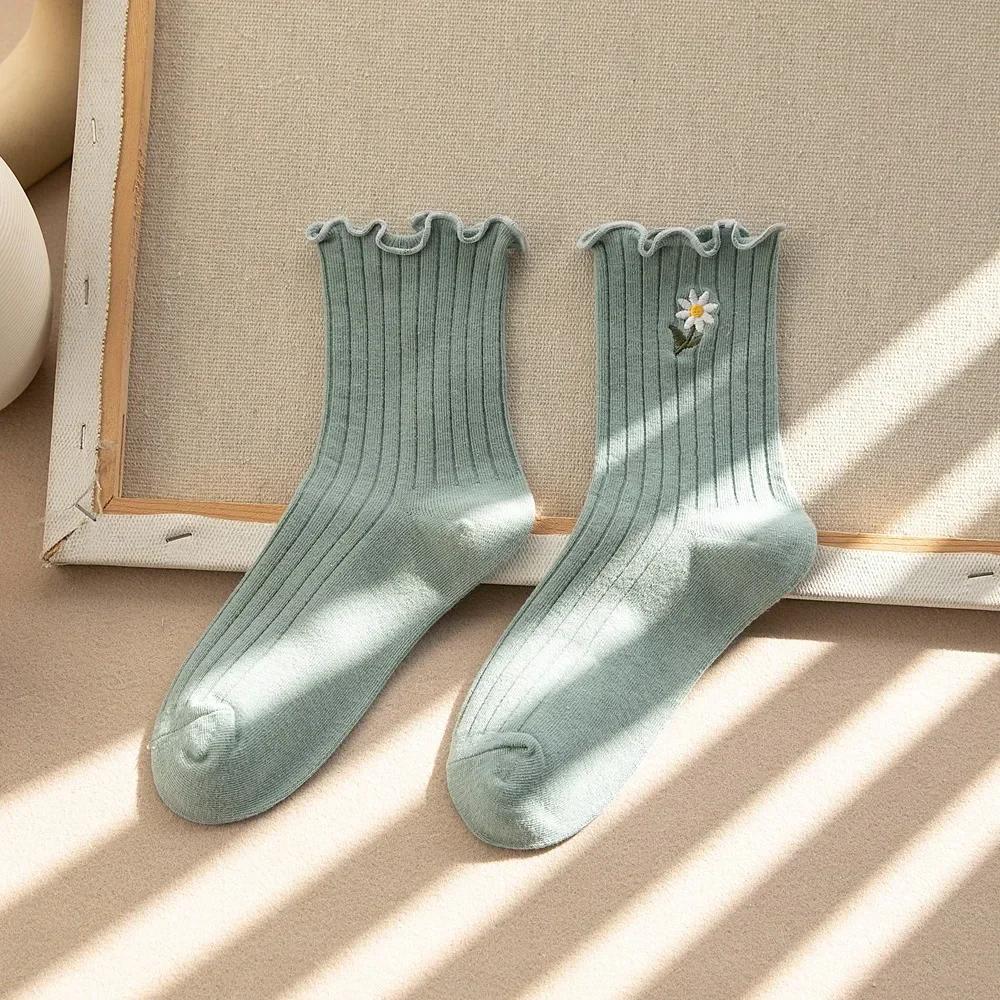 Women Socks Korean Japanese Style Cartoon Green Flower Harajuku Cute Kawaii Mid Tube Socks Breathable Casual Short  Cotton Socks