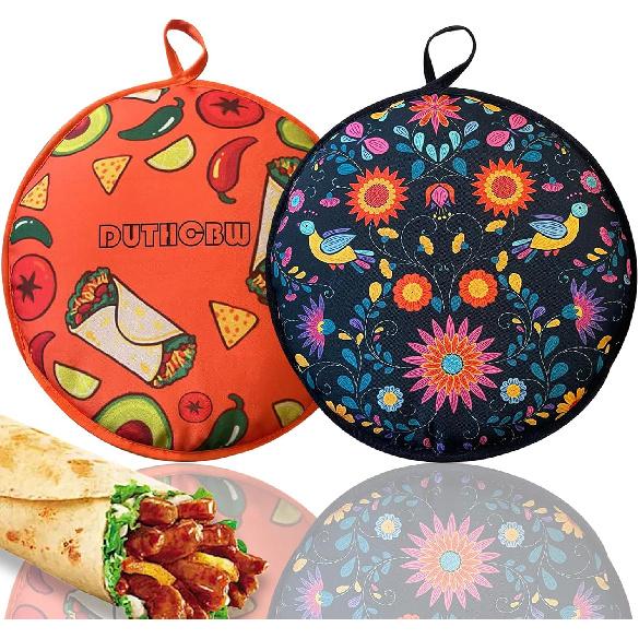 2 PACK Large Tortilla Warmers, Premium ulated Fabric Pouch Keeps Tacos, Naan, Pizza & Flour Tortillas Cozily Warm, Microwavable & Classic, Ideal for