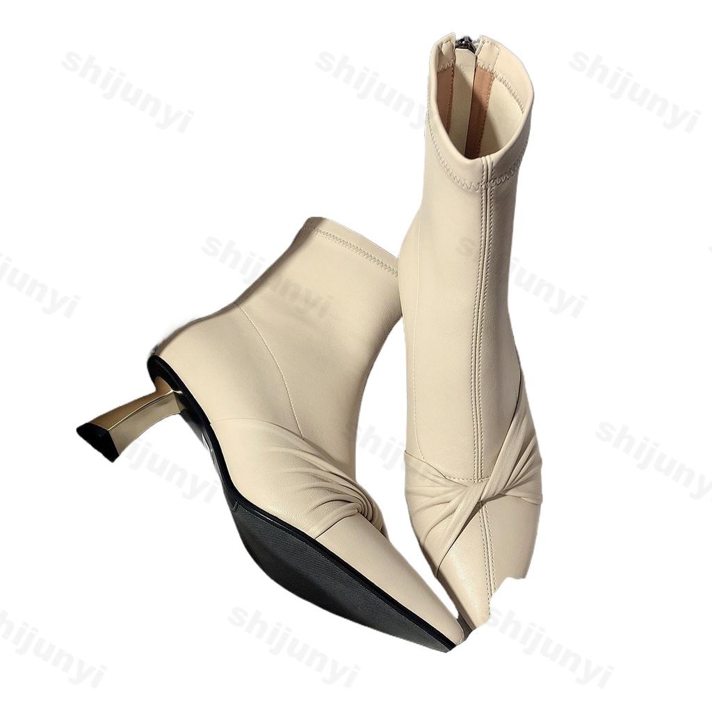 2025 Neue Vintage Braune Damen Stiefeletten Mode Elegant Spitzschuhe Herbst Winter Hoher Absatz Damen Designer Kurze Stiefeletten