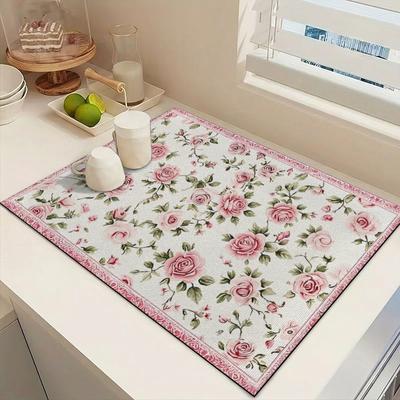 1pc Rose Print Diatomite Mat Quick Dry Non Slip Absorbent Kitchen Bathroom Counter Sink Drain Pad
