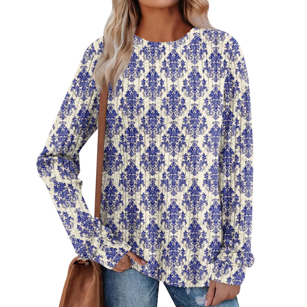 Women's Winter Color-Block Printed Lightweight Brushed-Cotton Round Neck Top