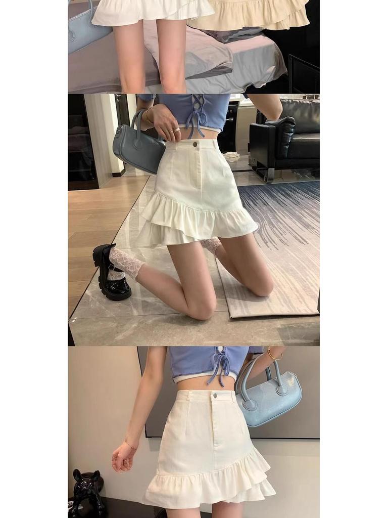 2024 Autumn High-Waist Irregular Ruffle White Denim Midi Skirt - Slimming A-Line, Anti-Exposure Design for Women