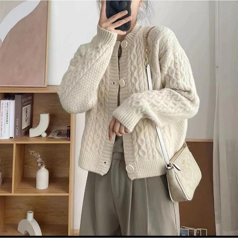 Loose Crew Neck Twist Top Women's Spring Autumn and Winter New Knitted Cardigan Jacket