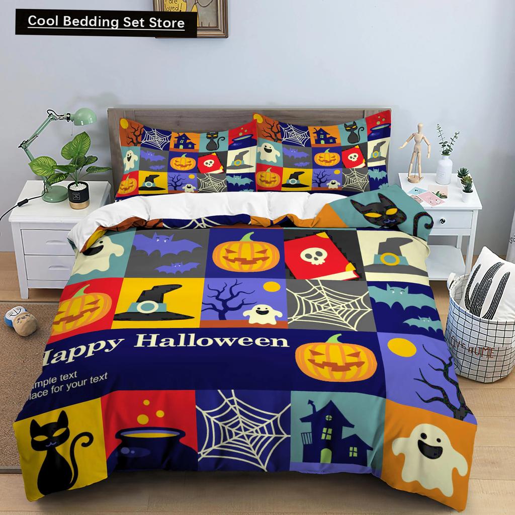 Happy Halloween King Queen Duvet Cover Orange Pumpkin Bedding Set Kids Teens Adults Bats Horror Festival Polyester Quilt Cover