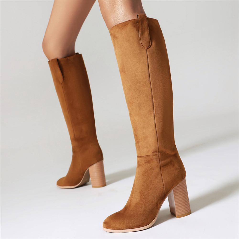 Women Long Boots Knee High Booties Ladies Shoes Platform Thick Heel Flock Zipper Woman Fashion Autumn Winter Black Brown