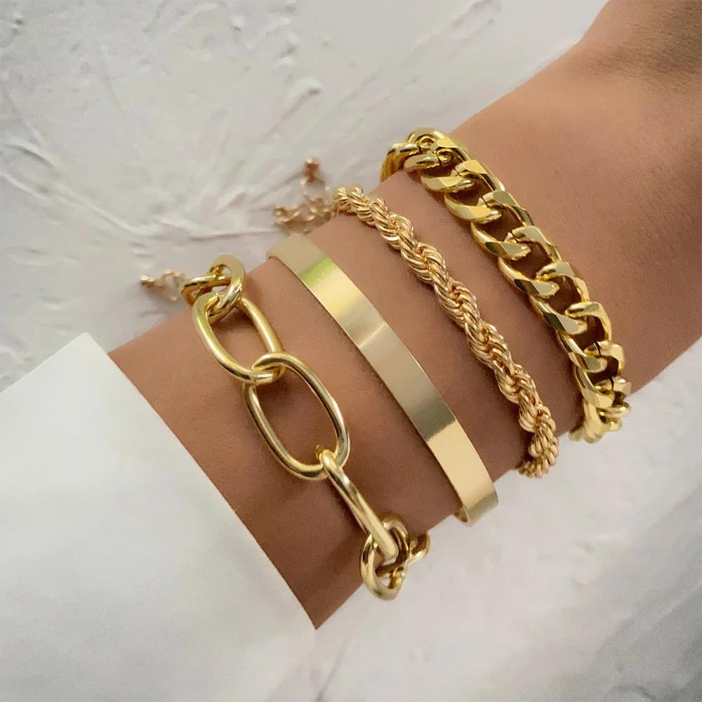 3PCS Fashion Thick Chain Link Bracelets for Women Vintage Snake Chain Gold Color Silver Color Bangles Bracelets Set Punk Jewelry