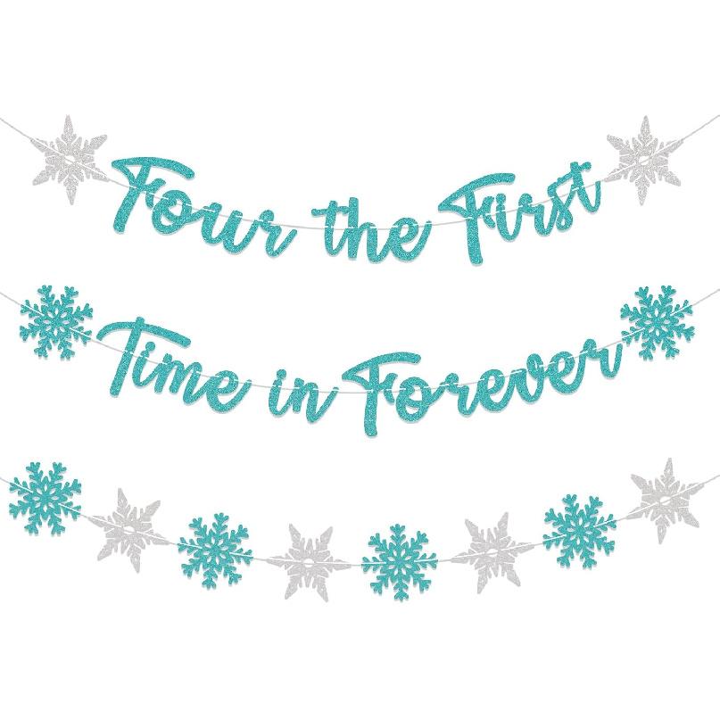 Four the First Time in Forever Banner - Frozen 4th Birthday Party Decorations, Winter Princess Bday Decor, Frozen Snowflakes 4th Birthday Party