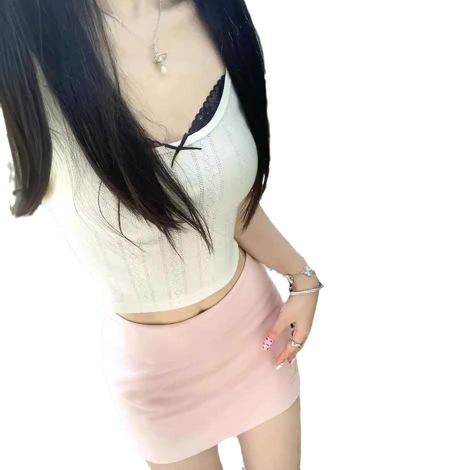 

French pure desire fake two-piece lace short-sleeved t-shirt women s summer design short sweet and spicy bottoming shirt short-sleeved top S