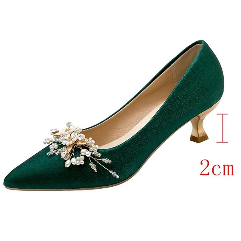 Fashion Luxury Women's Crystal Floral Pumps Spring 2025 Comfortable Med Heels Pointed Toe Party Wedding Shoes Woman Green Silk Pumps 41