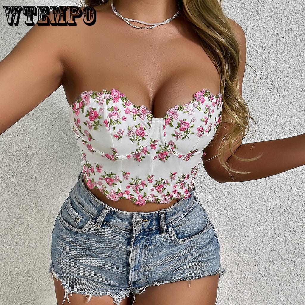 Lace Fragmented Flowers Embroidered Top Trend Have Cash Less  Navel Exposed Breastplate Undergarment Covering The Chest and Abdomen Tops
