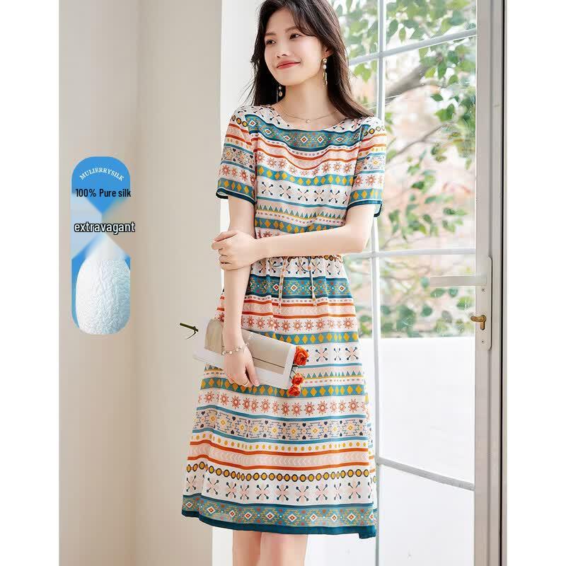 Demana 100% Mulberry Silk Striped A-Line Dress S