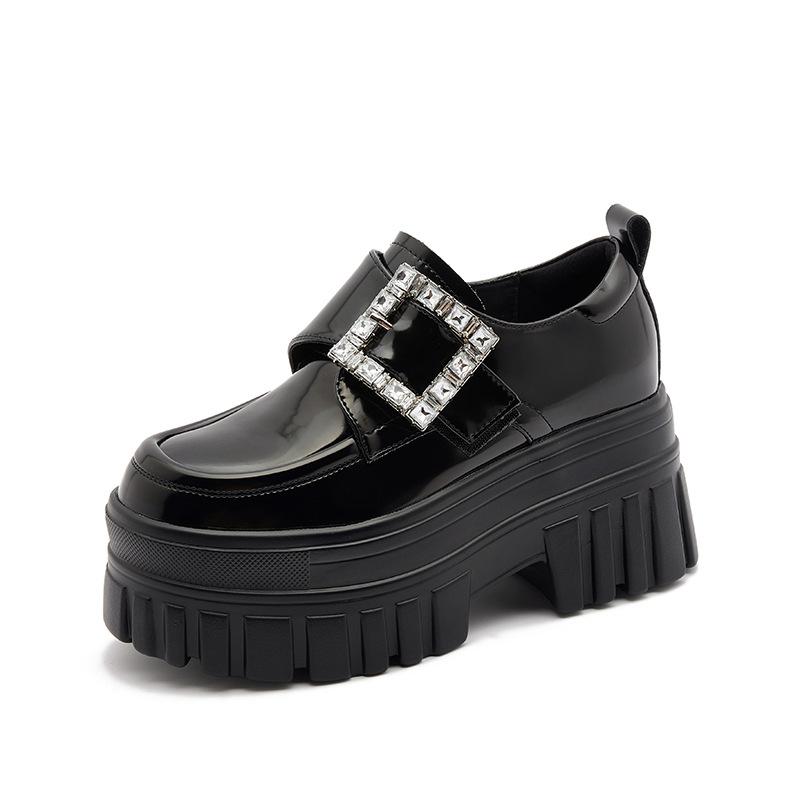 

Platform loafers women s 2025 spring new leather black versatile British high-heeled small leather shoes one-pedal women s shoes 33