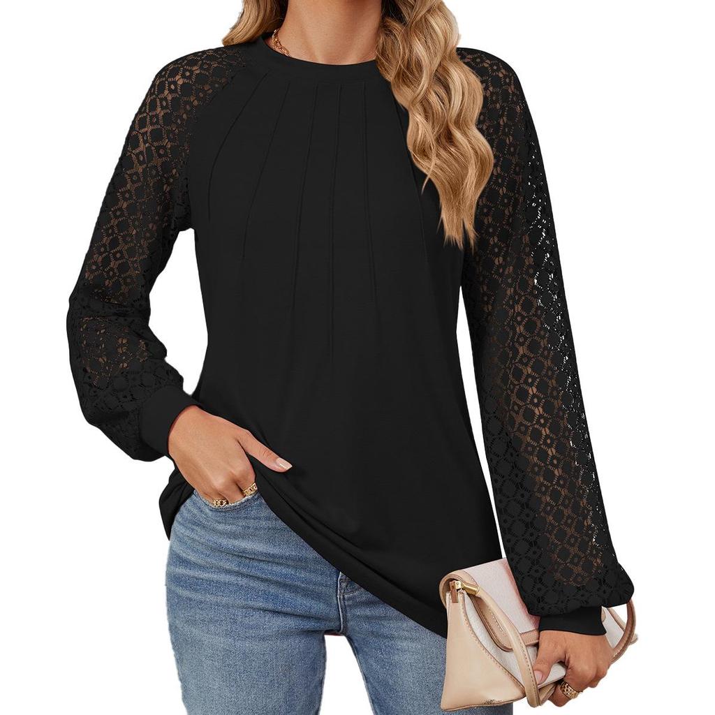 2024 Autumn/Winter Women's Lace Patchwork Round Neck Long Sleeve Loose T-Shirt